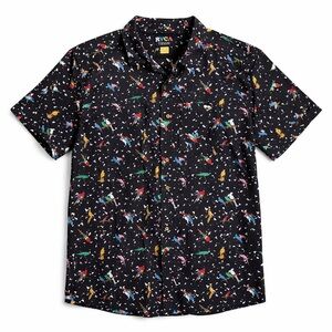 RVCA Parrot Print aloha Hawaiian Shirt Button Up Black XL